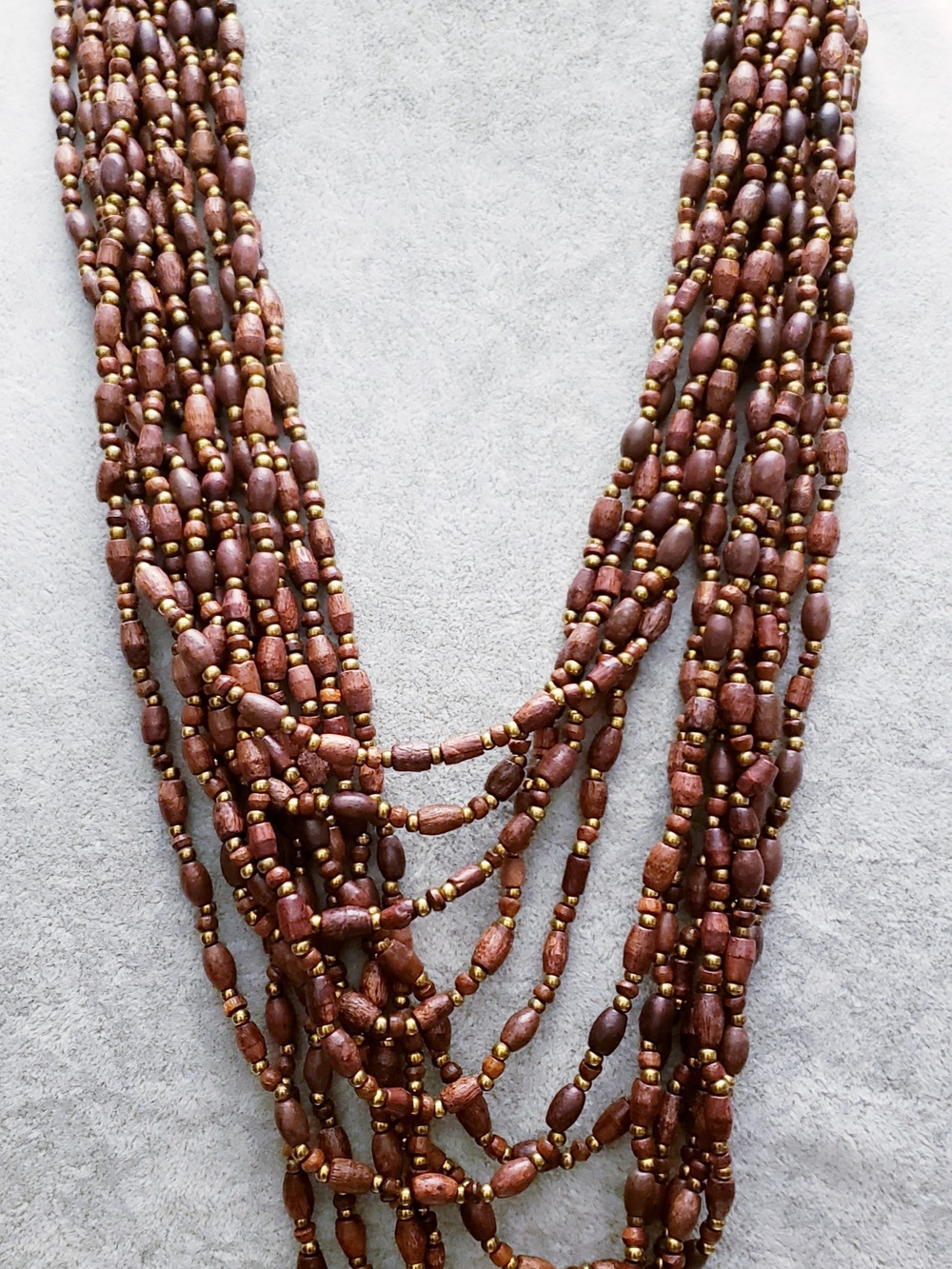 Multi-Strand Brown Wood Bead Necklace with Gold Accents